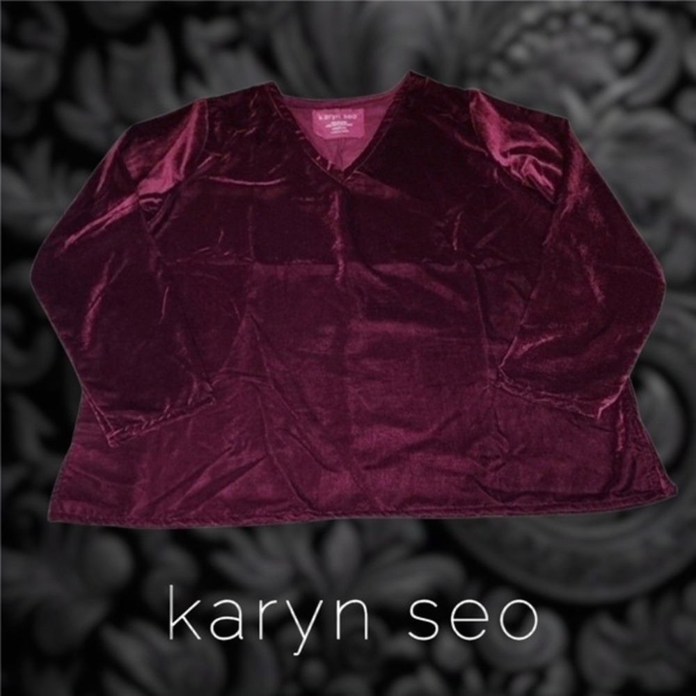 Karyn Seo Velvet V-Neck Tunic Women Long Sleeve Relaxed Burgundy Medium - Picture 8 of 9